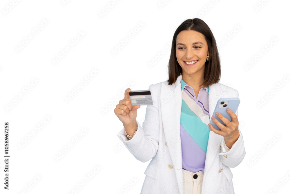 Young businesswoman shopping online with smartphone and credit card Young businesswoman shopping online with smartphone and credit card