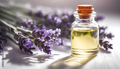 A bottle of aromatherapy essential oil with fresh lavender flowers on white background 