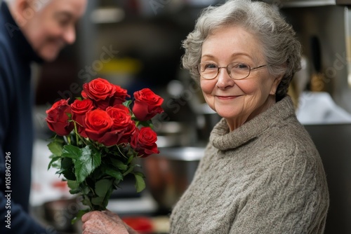 A joyful couple celebrates with roses and dinner in a cozy home kitchen during dinner time photo