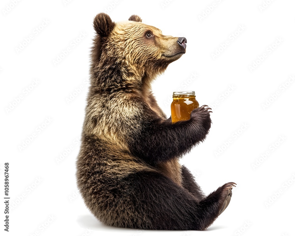 Fototapeta premium Playful Overweight Bear Cub Holding Honey Jar on White Background