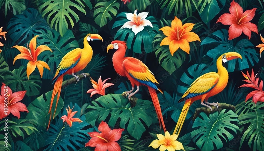 Tropical exotic pattern with animal and flowers in bright colors and lush vegetationn Tropical exotic pattern with animal and flowers in bright colors and lush vegetationn