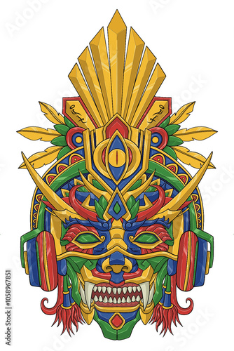 A mascot illustration that combines elements of ancient culture with a modern twist. This unique design features a fusion of Aztec ornaments with modern technology such as headphones.