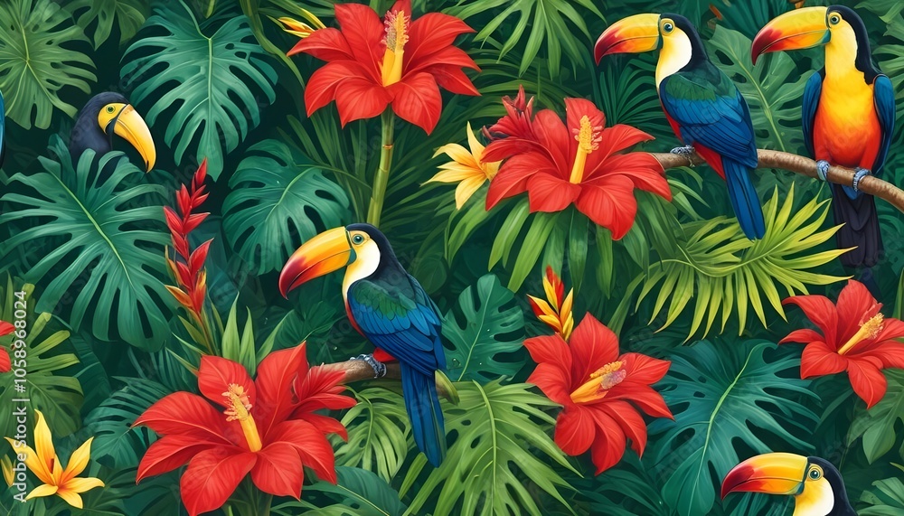 Tropical exotic pattern with animal and flowers in bright colors and lush vegetationn Tropical exotic pattern with animal and flowers in bright colors and lush vegetationn