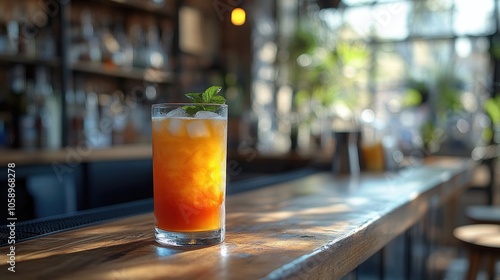 A refreshing iced tea with a sprig of mint sits on a wooden bar counter in a cafe.