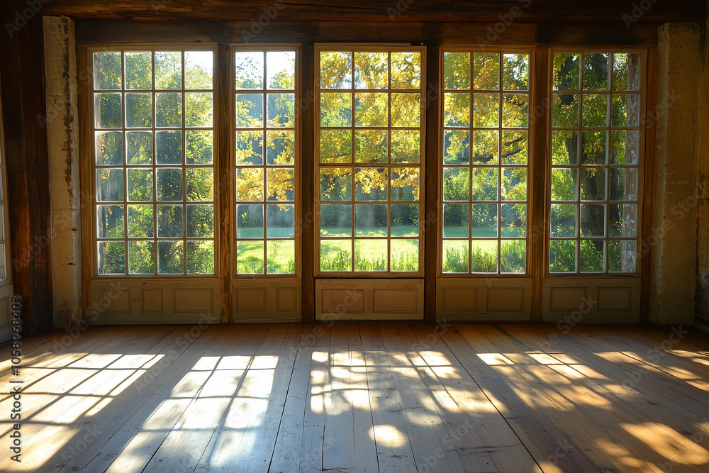 Sunlit empty room with large windows emits natural light Sunlit empty room with large windows emits natural light