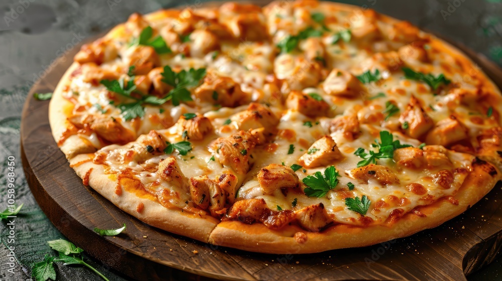 Chicken barbecue pizza on cutting board with dark background Italian cuisine. Chicken barbecue pizza on cutting board with dark background Italian cuisine.