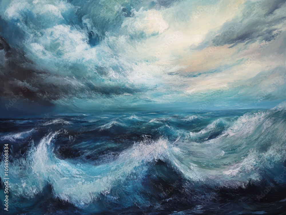 A vibrant seascape featuring turbulent waves and dramatic clouds against a gradient sky, evoking a sense of movement and natural beauty. A vibrant seascape featuring turbulent waves and dramatic clouds against a gradient sky, evoking a sense of movement and natural beauty.
