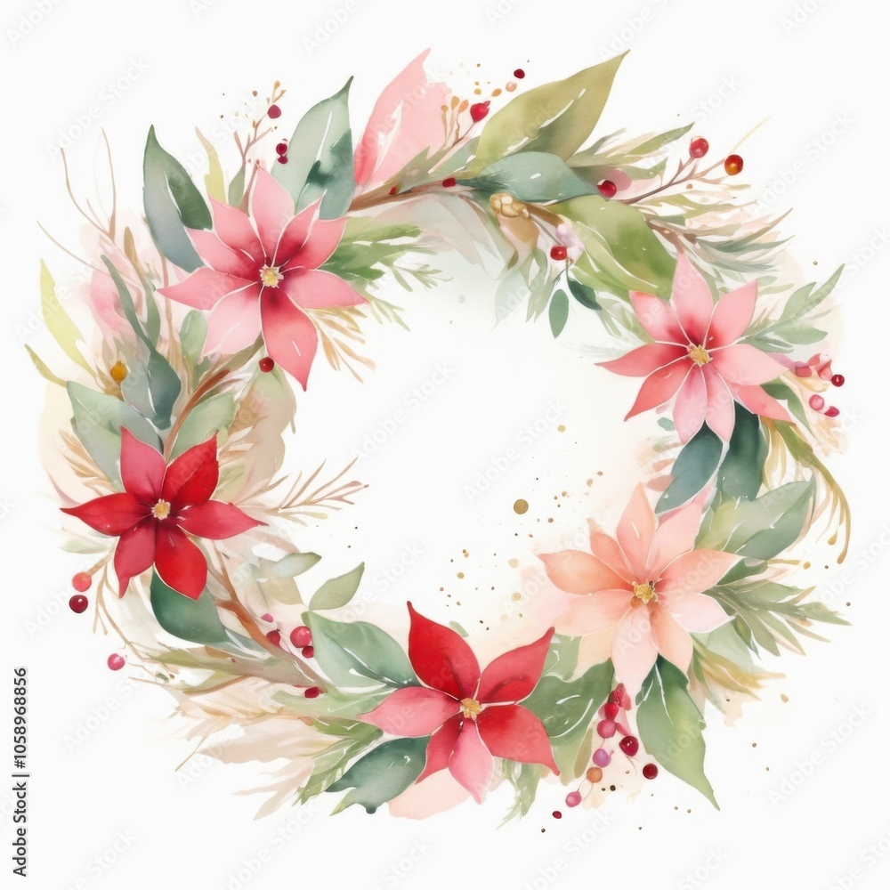 Fototapeta premium Hand-Painted Christmas Floral Wreath with Poinsettias, Leaves, and Berries – Watercolor Sketch on White for Holiday Decor