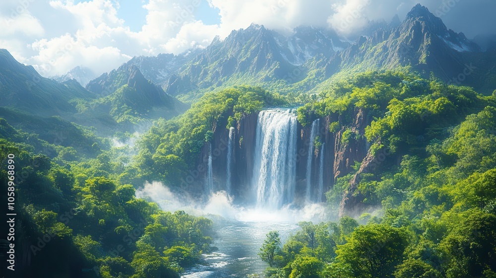 Fototapeta premium stunning long river waterfall cascading between lush green mountains, surrounded by dense rainforest foliage, capturing the beauty of nature in a breathtaking scene