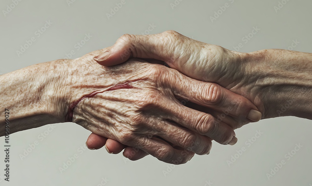 Fototapeta premium Two aged hands clasped together, symbolizing connection and shared experiences.