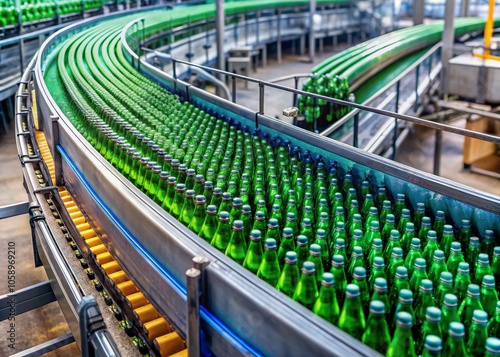 A bird's-eye view of a bustling production line with bottles moving on a conveyor.