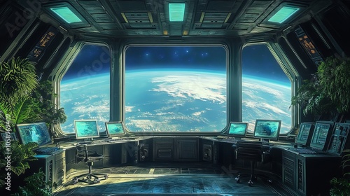 Fototapeta Naklejka Na Ścianę i Meble -  Futuristic Space Station Control Room with Earth View