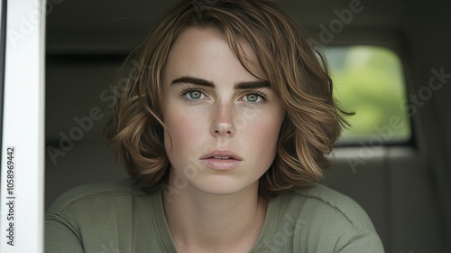 Young Woman Looking Out Car Window Portrait Close Up Serious Expression Green Eyes