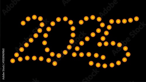 The inscription 2025, emerging on a black background from orange spheres. New Year. New Year's motive. Video art graphics.