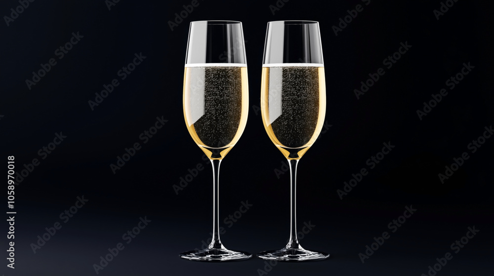 Two clear champagne flutes filled with sparkling wine against a dark background, highlighting the bubbles and reflections on the glass surface Two clear champagne flutes filled with sparkling wine against a dark background, highlighting the bubbles and reflections on the glass surface