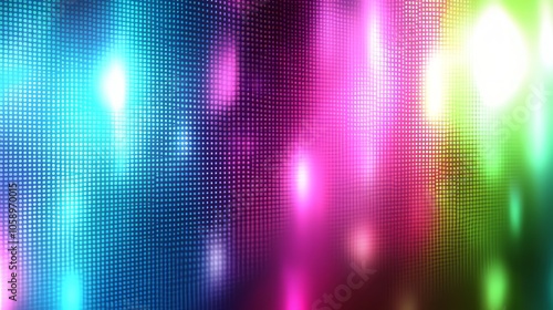 Vibrant abstract background of colorful lights and dots, blending neon pink, blue, green, and yellow hues in a pixelated gradient effect. AI generative.