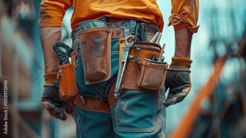 Close-up of a construction worker's tool belt with various tools.