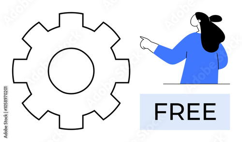 A large gear symbol is on the left, while a person in blue is pointing to a Free sign on the right. Ideal for technology, software, promotion, marketing, education. Modern minimalist style