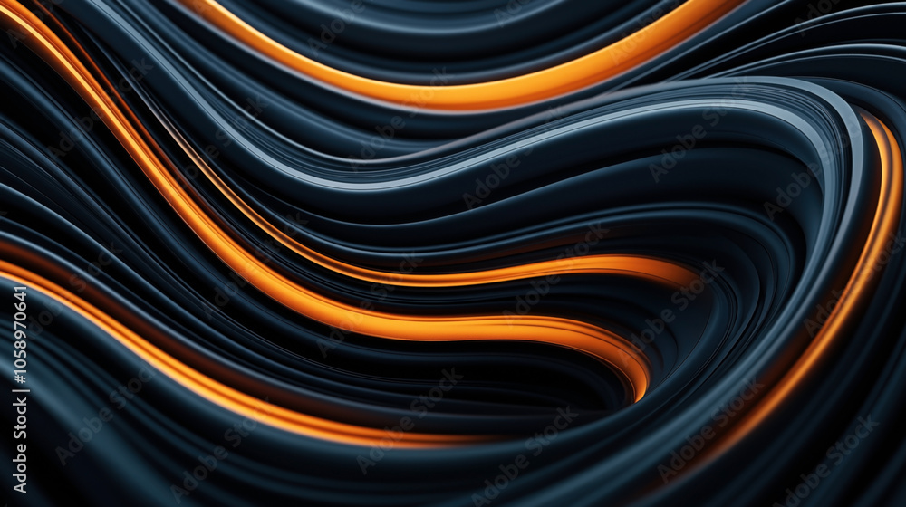 Abstract composition of wavy black and orange lines creating a dynamic flowing pattern, illustrating movement and contrast through intertwined dark and bright streaks. Abstract composition of wavy black and orange lines creating a dynamic flowing pattern, illustrating movement and contrast through intertwined dark and bright streaks.