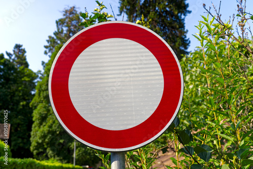 Close-up of ban of driving road sign at Italian City of Meran on a sunny summer day. Photo taken July 16th, 2024, Meran Merano, Italy. photo