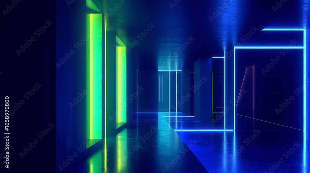 Futuristic hallway with vibrant neon green and blue lights illuminating sleek walls, creating a high-tech, sci-fi atmosphere. AI generative. Futuristic hallway with vibrant neon green and blue lights illuminating sleek walls, creating a high-tech, sci-fi atmosphere. AI generative.