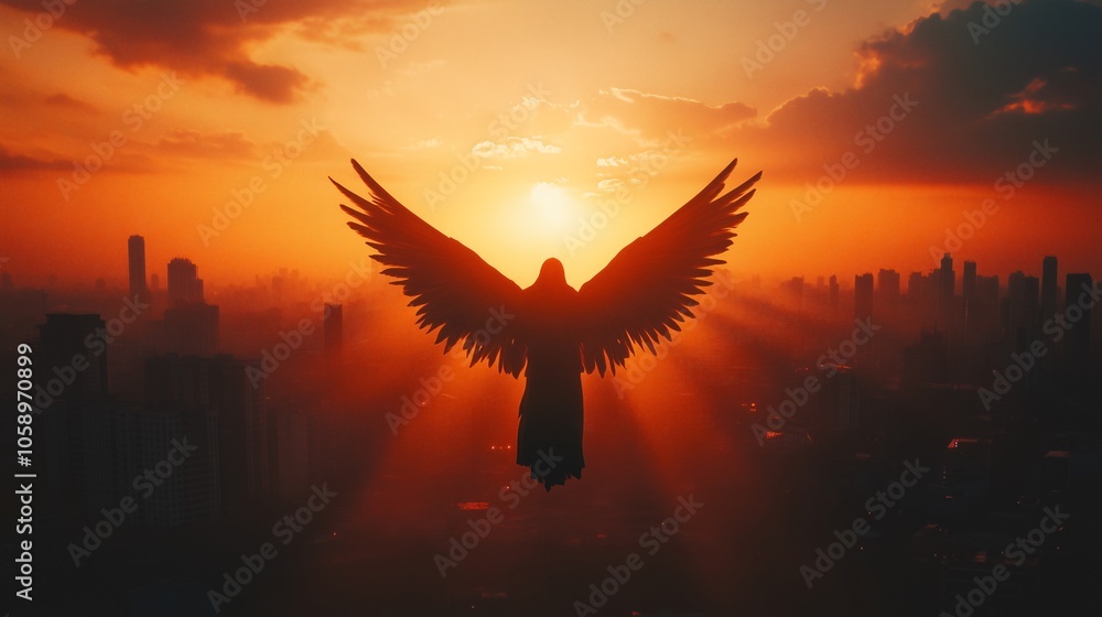 Obraz premium Guardian Angel at Sunset Over the City