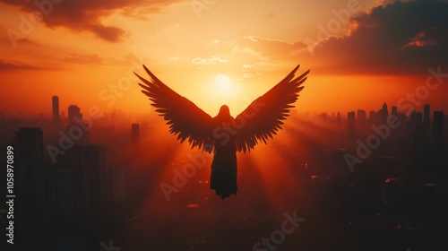 Guardian Angel at Sunset Over the City photo