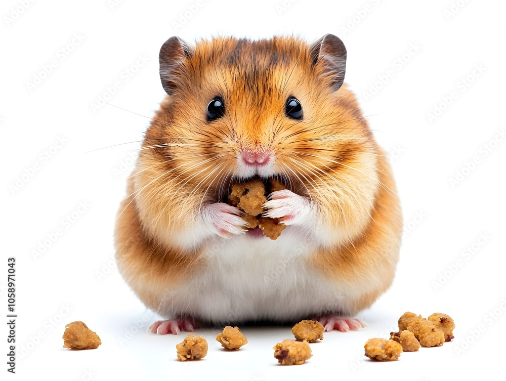 Chubby Hamster Stuffing Cheeks with Food on White Background Chubby Hamster Stuffing Cheeks with Food on White Background