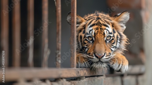 A majestic tiger stares out from behind bars, its spirit diminished. photo