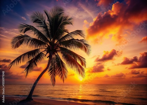 A dreamy  miniature landscape unfolds as a lone palm tree silhouetted against a fiery sunset on a distant beach.