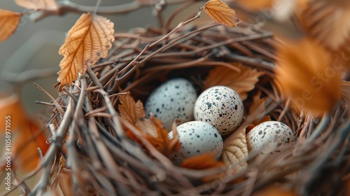 A close-up of a bird's nest with speckled eggs.
