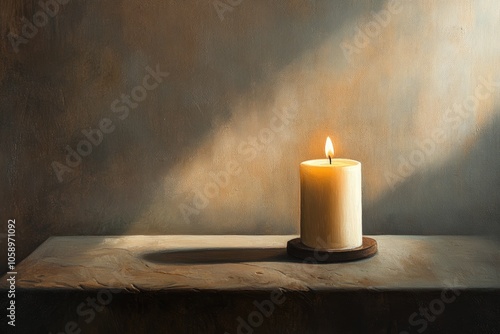 A Single Lit Candle on a Wooden Shelf Against a Brown Background