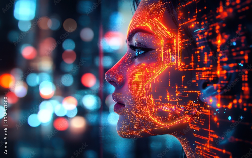 Side Profile of Woman with Digital Face Overlay Side Profile of Woman with Digital Face Overlay