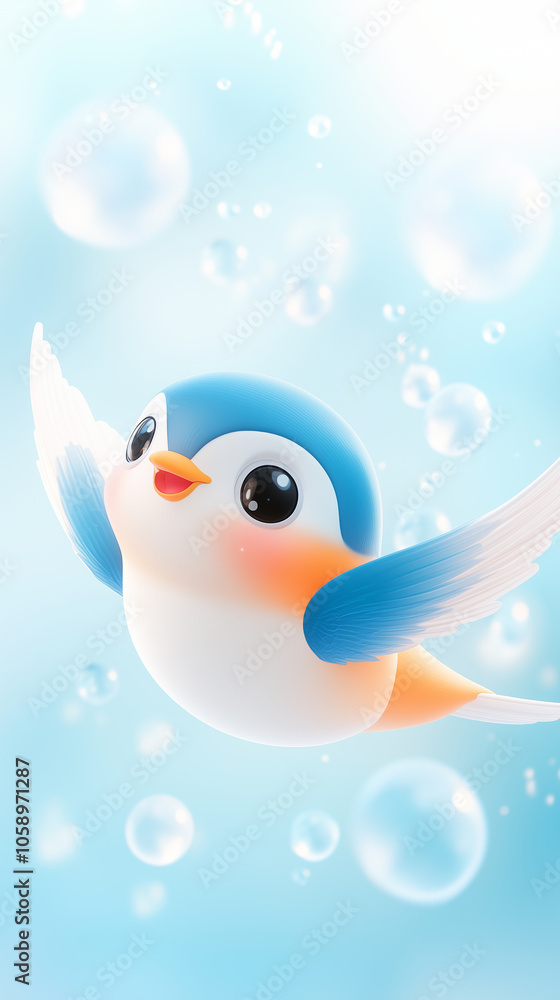Obraz premium 3D cartoon clay style, In the spring rain, swallows shuttle between the raindrops