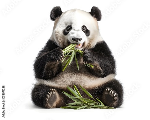 Rotund Panda Bear Happily Munching on Bamboo Isolated on White Background