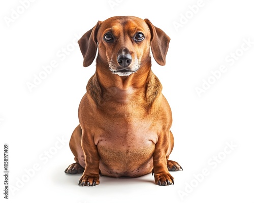 Playful Overweight Dachshund Dog Sitting on White Background with Copyspace