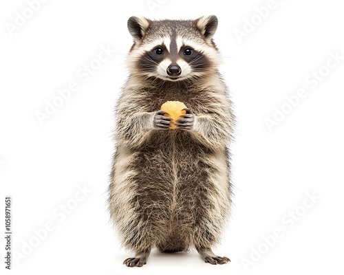 Plump and Playful Raccoon Holding a Piece of Fruit on White Background