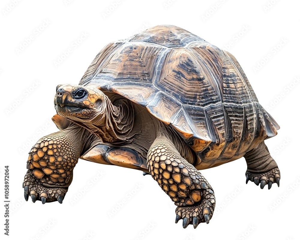 Obraz premium Rotund Tortoise with Rounded Shell Slowly Walking on White Background