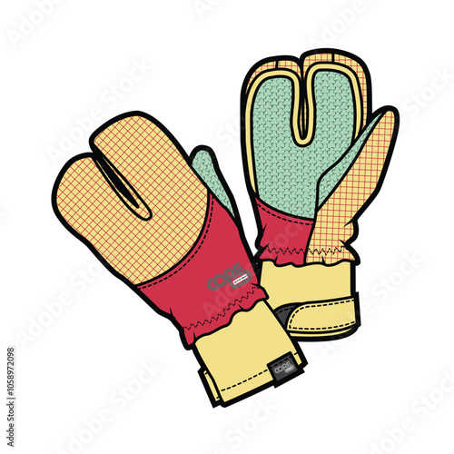 Split mittens technical flat drawing vector mockup template.