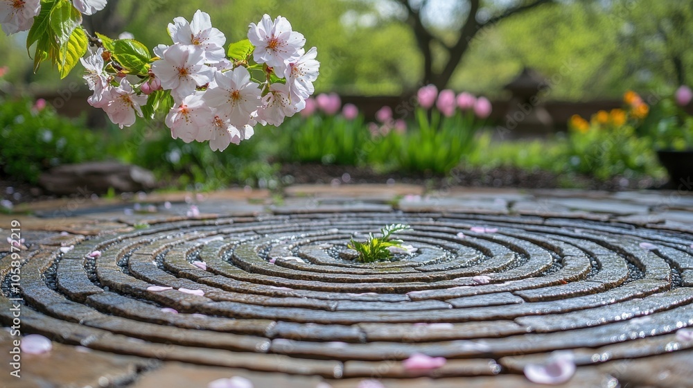 A tranquil spring garden features spiral stone pathways adorned with delicate cherry blossoms and vibrant tulips under soft sunlight A tranquil spring garden features spiral stone pathways adorned with delicate cherry blossoms and vibrant tulips under soft sunlight