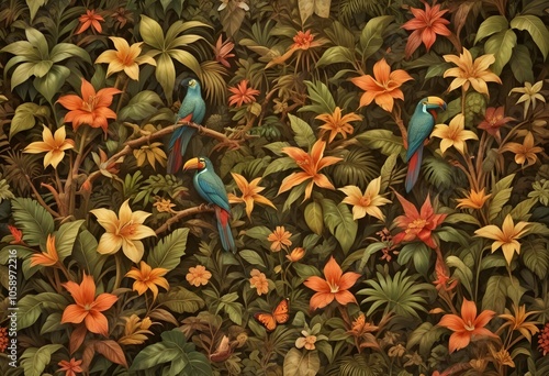 Tropical exotic pattern with animal and flowers in bright colors and lush vegetationn photo