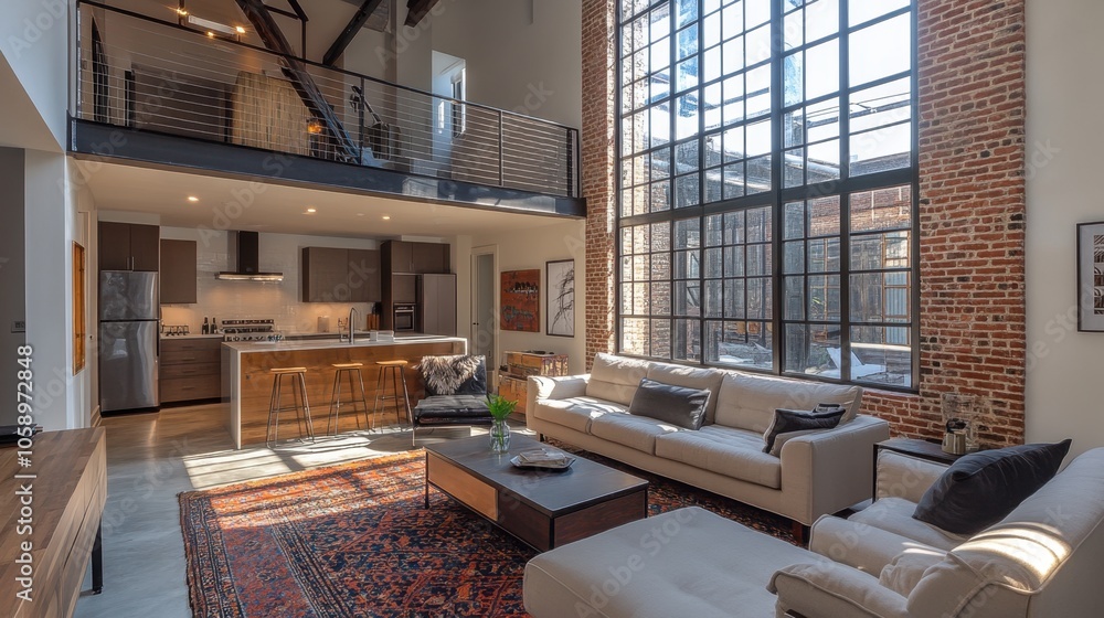 Bright and airy loft living room with industrial charm featuring brick walls and large windows in a stylish urban space Bright and airy loft living room with industrial charm featuring brick walls and large windows in a stylish urban space