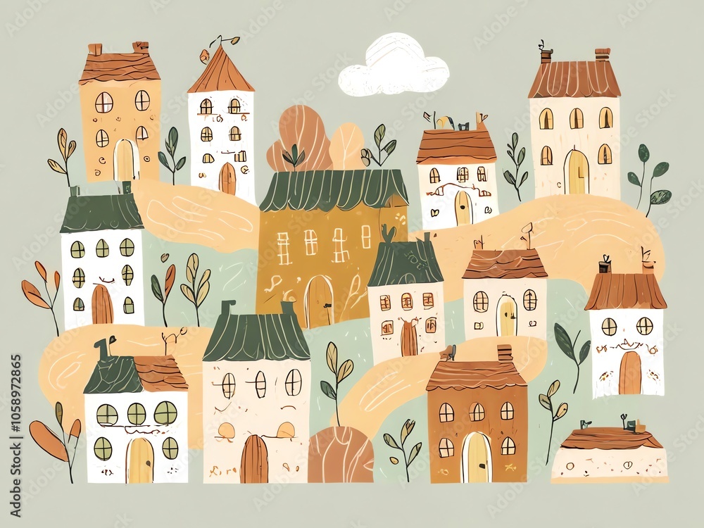 Hand-Drawn Illustration of a Quaint Village Hand-Drawn Illustration of a Quaint Village