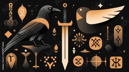 Abstract illustration featuring a stylized raven, sword, and geometric symbols in shades of orange and black with a mystical theme. photo