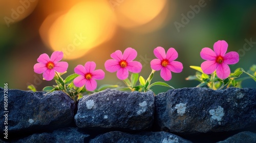 A vibrant row of pink flowers blooms atop a rustic stone wall during sunset, showcasing nature’s beauty and serenity photo