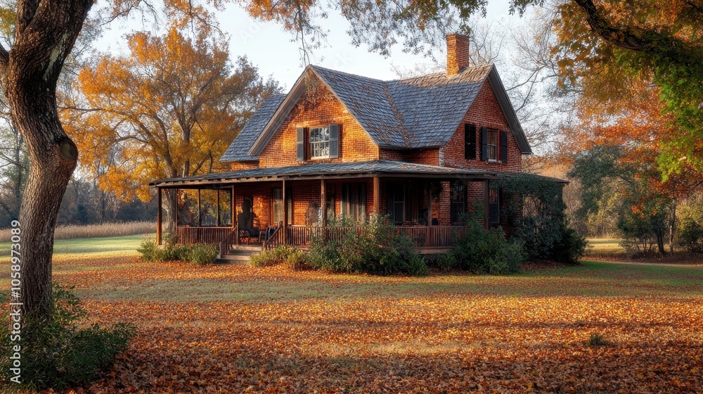 A charming autumn retreat surrounded by colorful leaves and a serene rural landscape at sunset A charming autumn retreat surrounded by colorful leaves and a serene rural landscape at sunset
