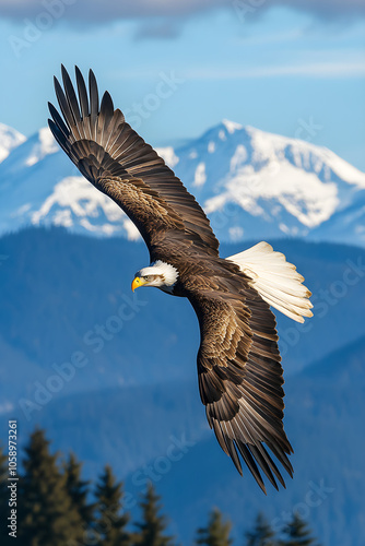 Majestic Eagle Soaring Above Mountain Peaks Under a Vast Blue Sky, Embracing the Essence of Freedom and Exploration