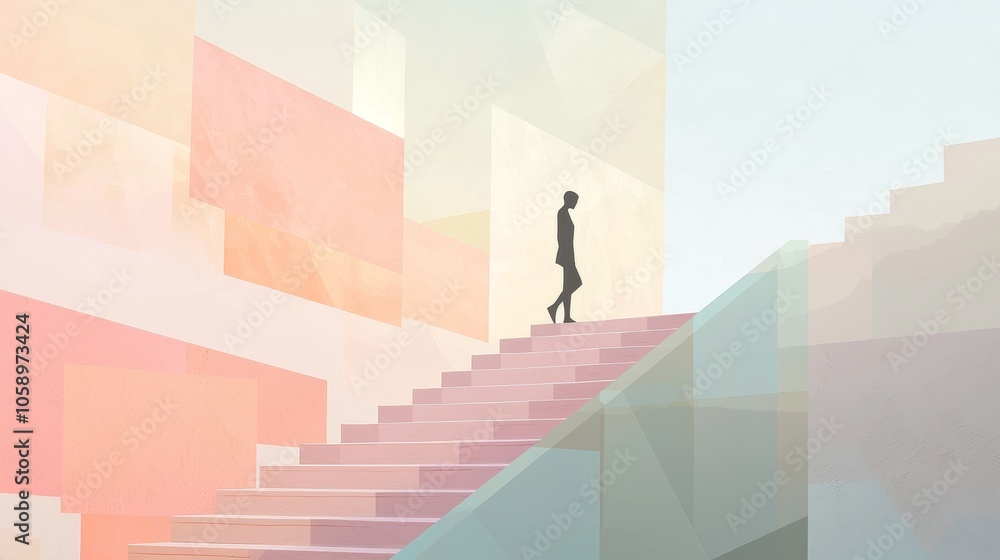 A silhouette of a person walking up colorful stairs, symbolizing journey and self-discovery in an abstract setting. A silhouette of a person walking up colorful stairs, symbolizing journey and self-discovery in an abstract setting.