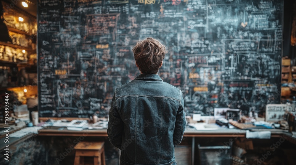Obraz premium Man Contemplating Notes on a Blackboard