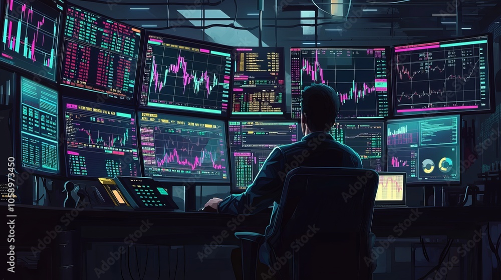 A trader monitors stock market data on multiple screens in a modern trading room. A trader monitors stock market data on multiple screens in a modern trading room.